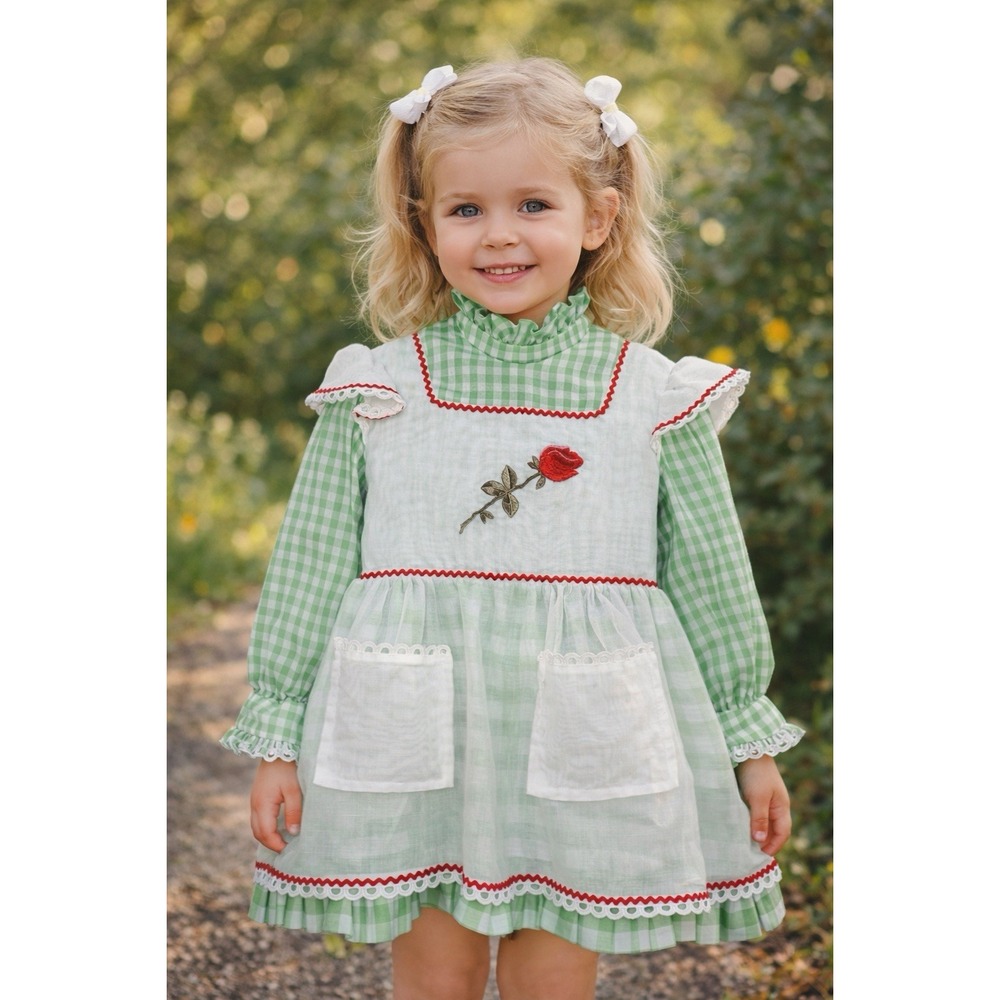 Vintage Dorissa Of Miami Girls Dress Sz 5 Green Gingham Prairie Cottage Heirloom